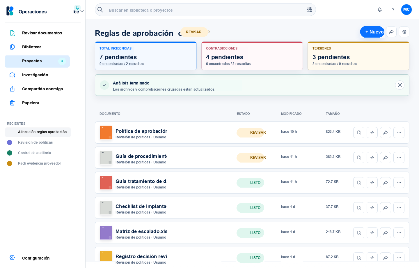 Vista de proyecto de KlarBond en español con recuentos de incidencias pendientes y documentos revisados.