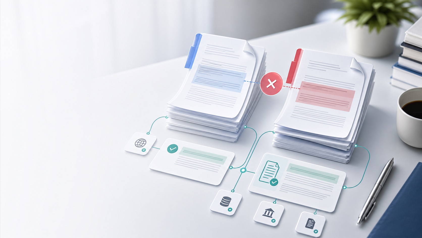 Illustration of conflicting document evidence connected to verified source cards.